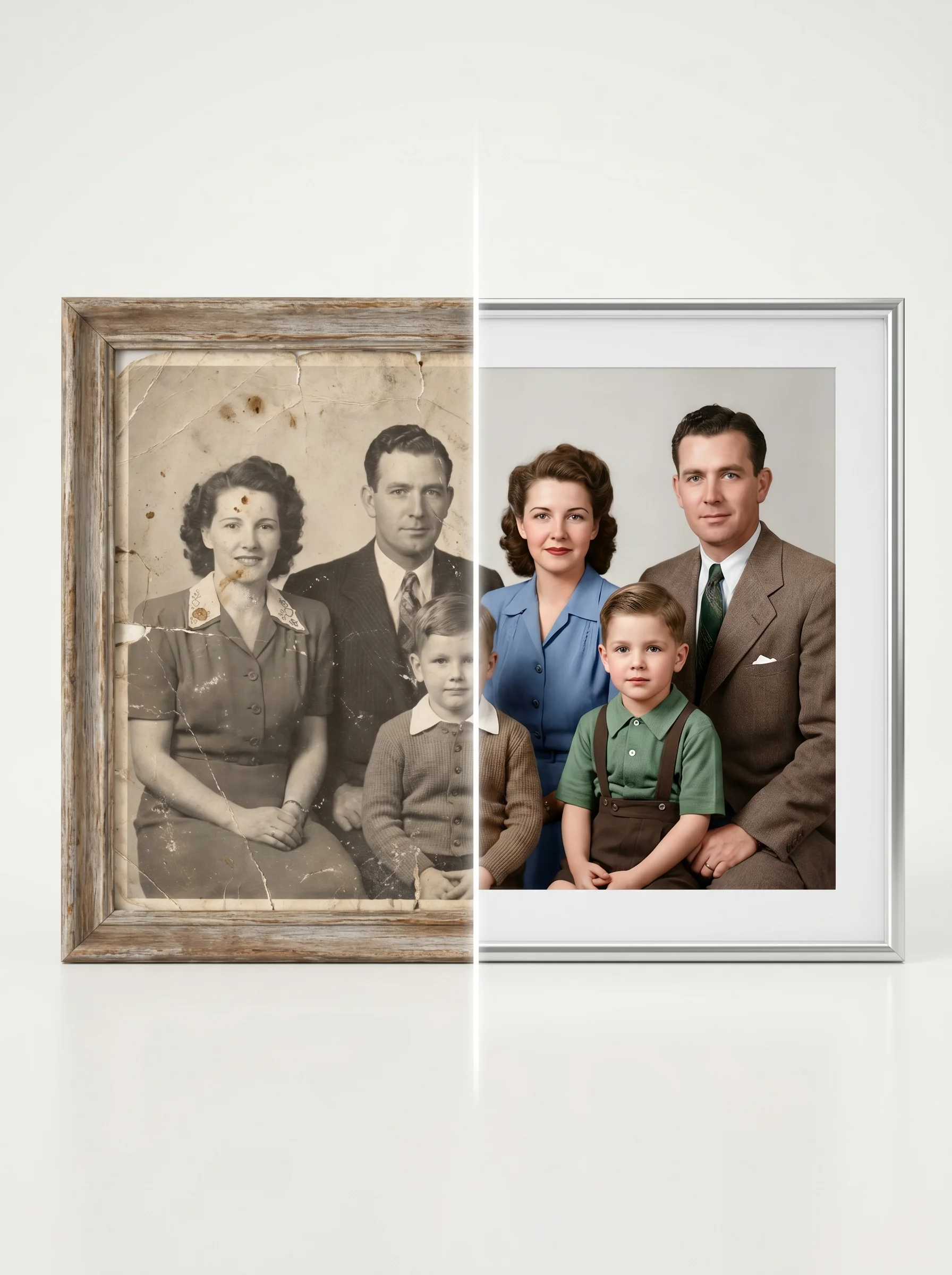 Beschädigter Abzug und dasselbe Foto nach der Restaurierung