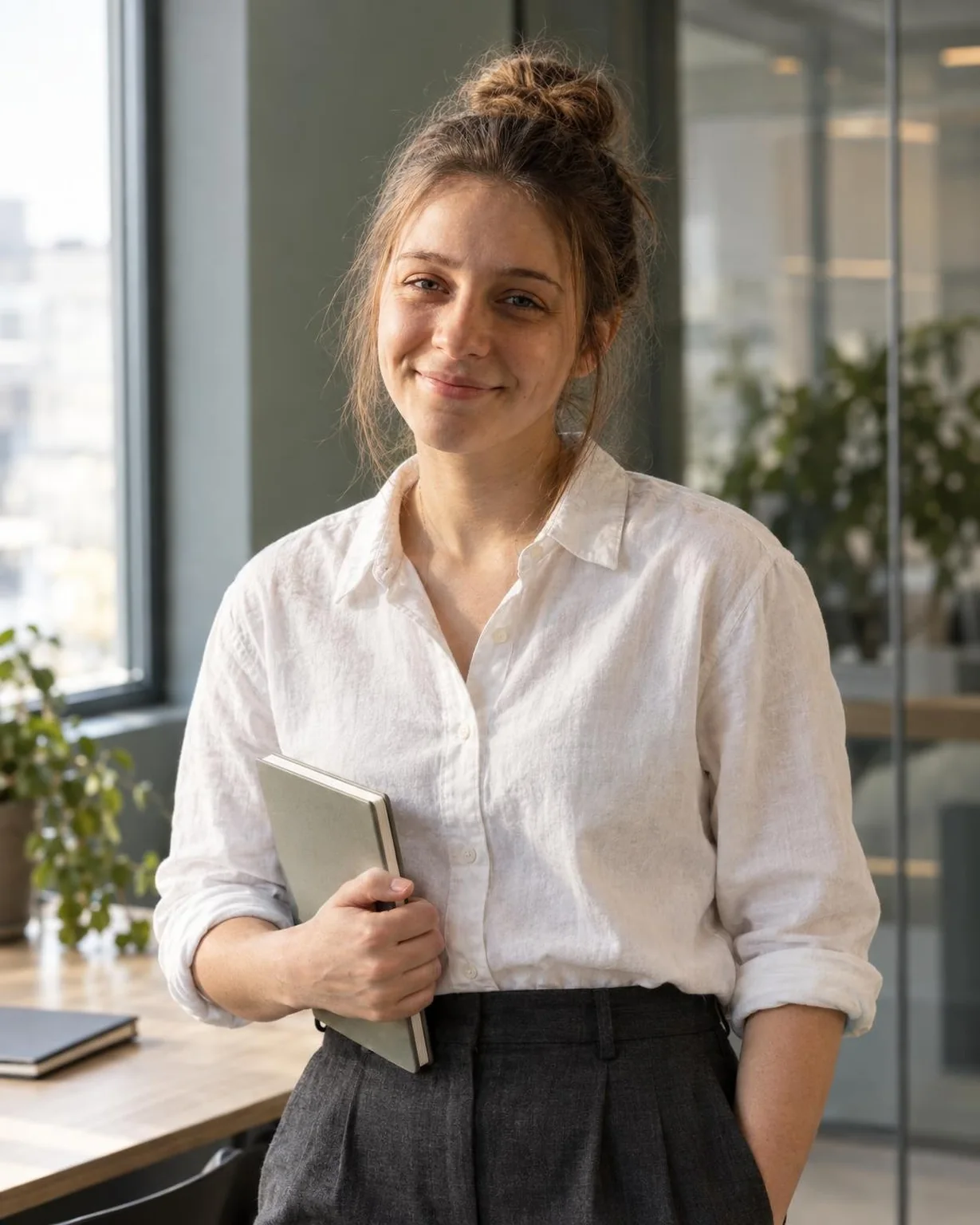Personal-Branding-Foto im Leinenhemd am Fenster