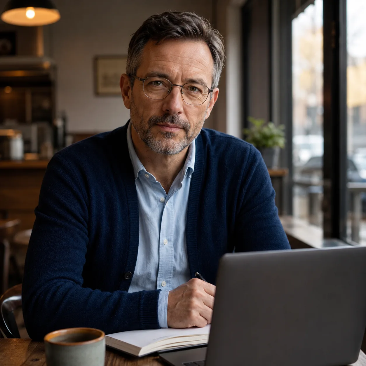 Copywriter-Porträt im Café mit Laptop