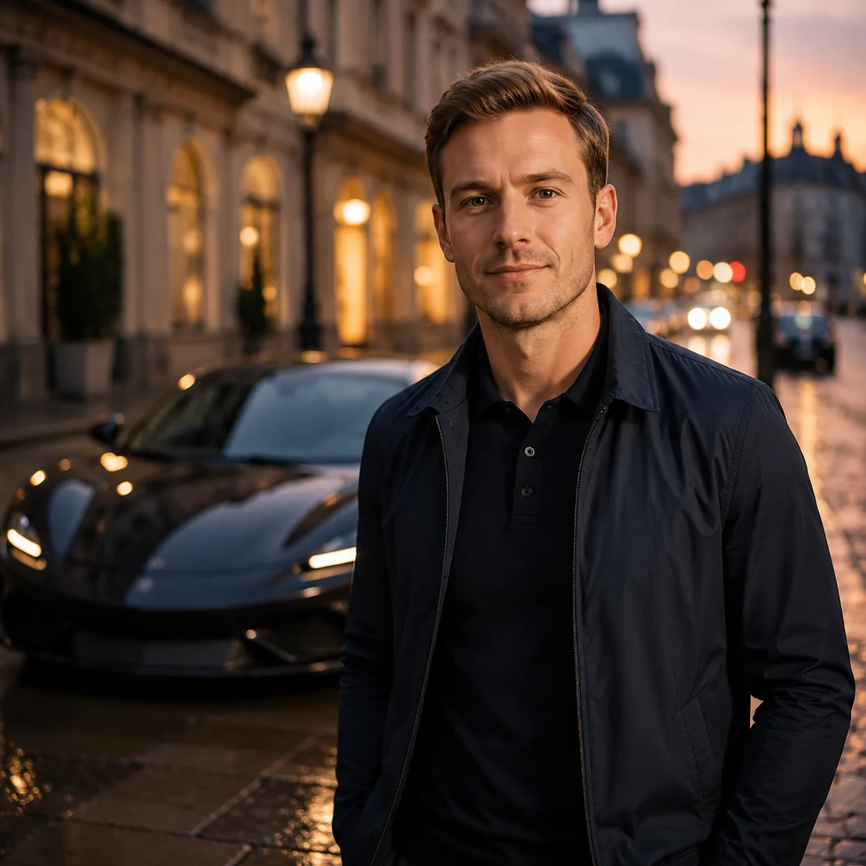 Porträt mit elegantem Sportwagen im Hintergrund