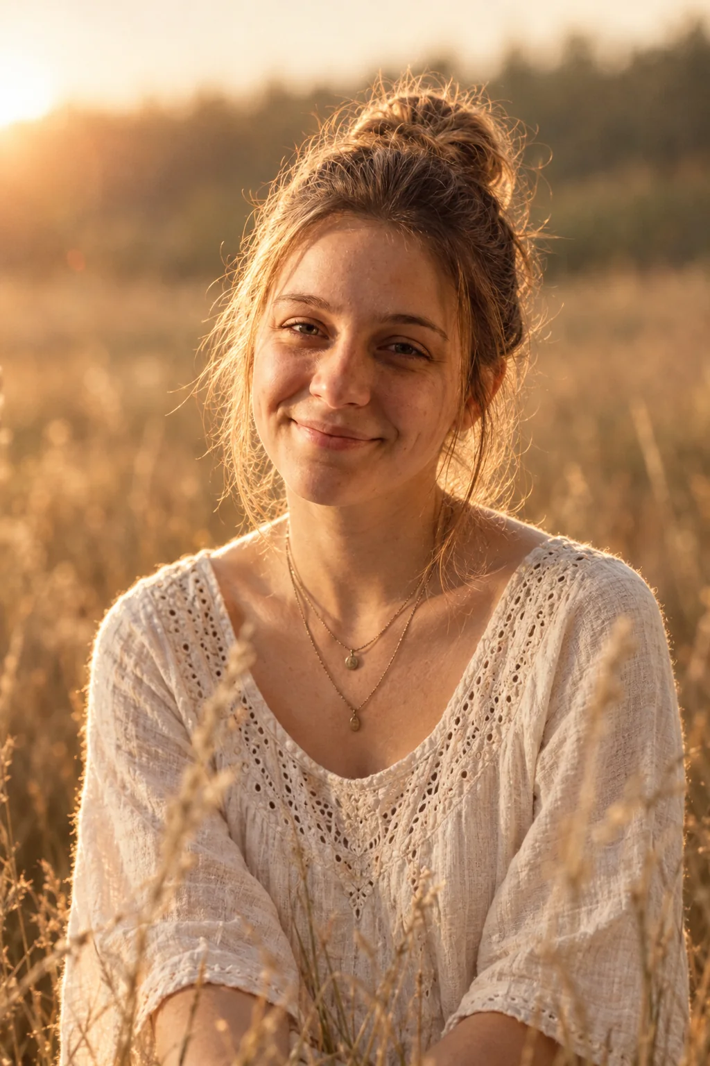 Boho im Leinenkleid im goldenen Licht
