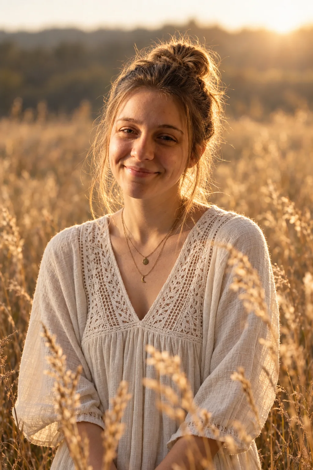 Boho-Shooting im Grasfeld bei Sonnenuntergang