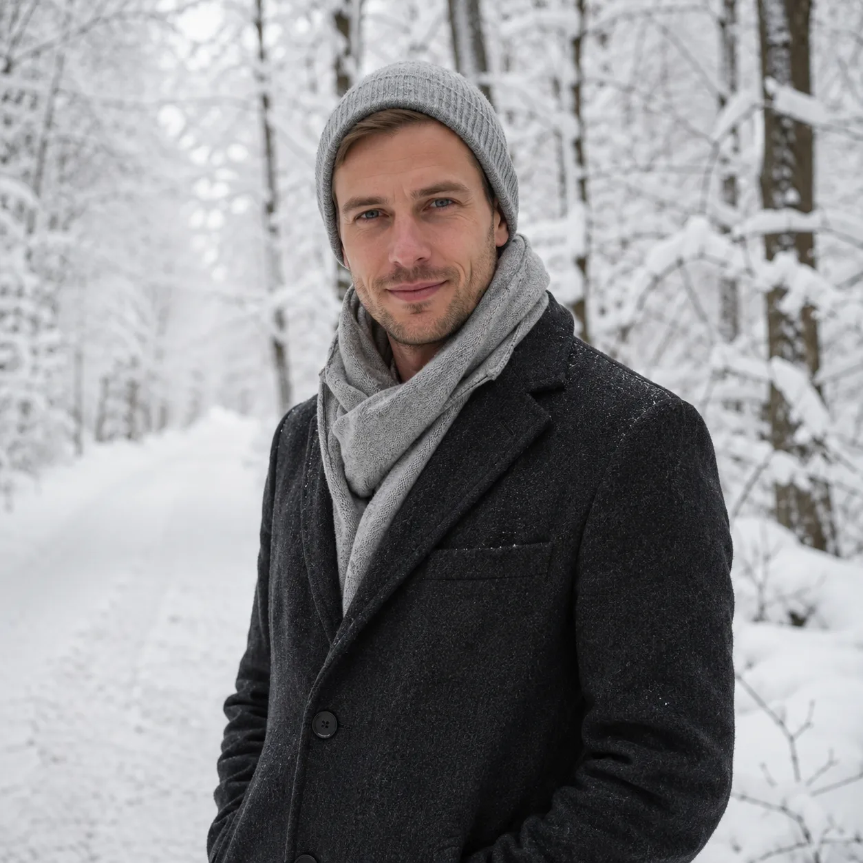 Winterporträt im hellen Wald