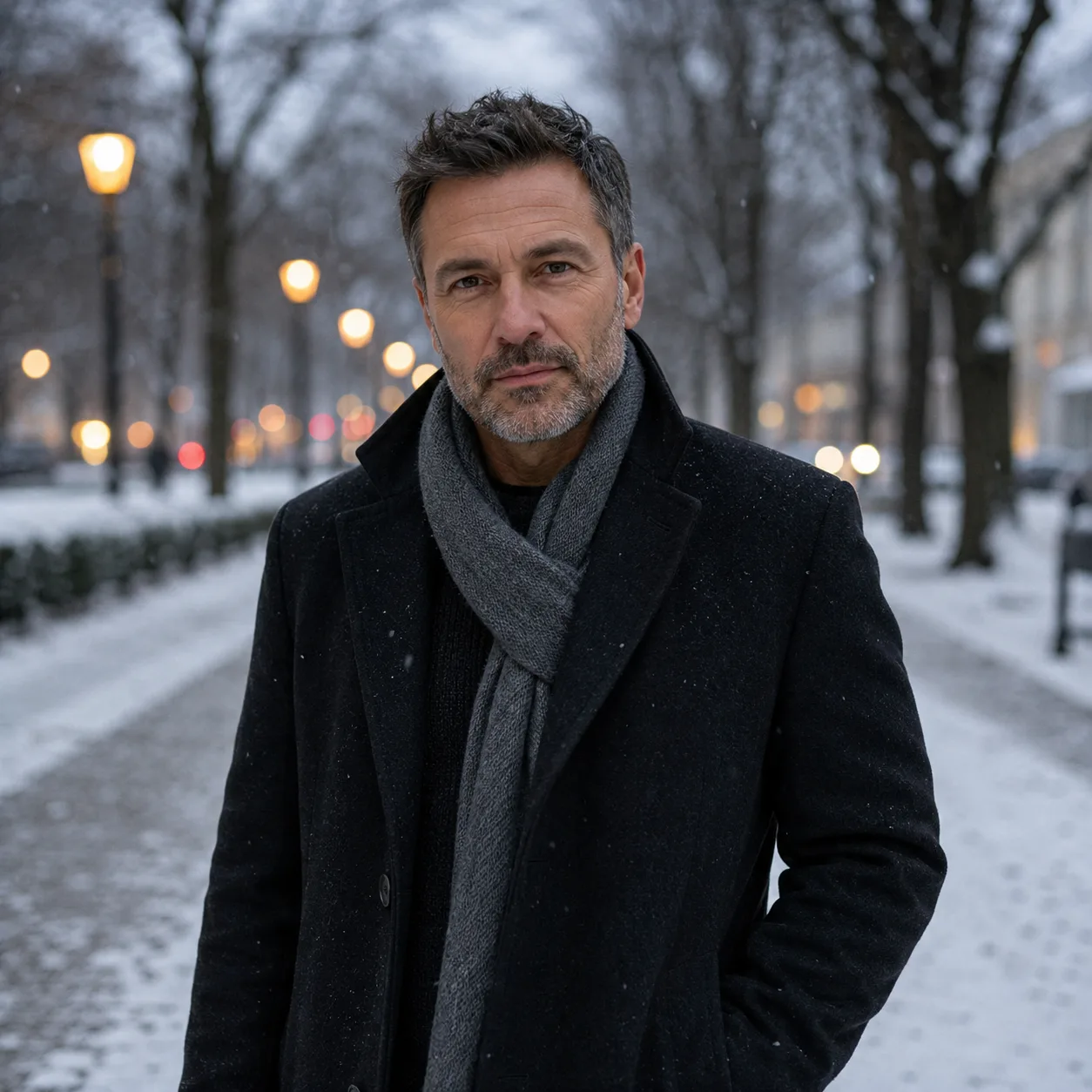 Winterporträt auf städtischem Boulevard