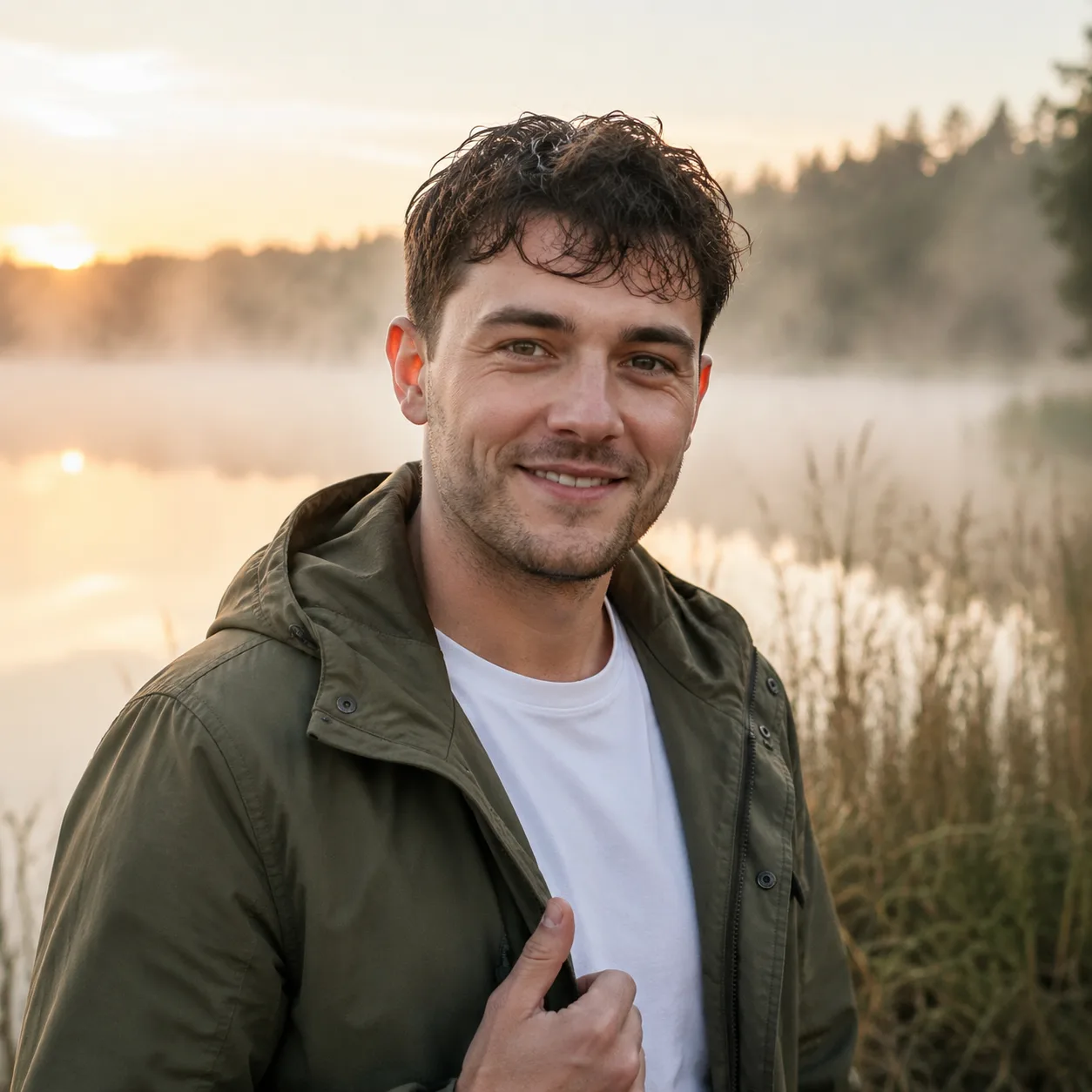 Porträt am Seeufer im Morgennebel
