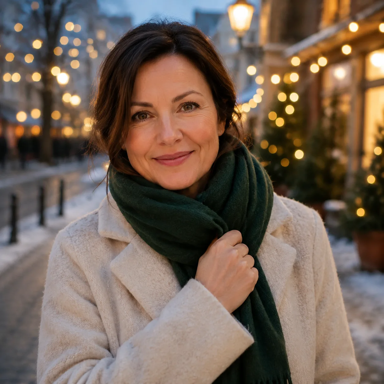 Winterporträt in der Stadt mit Lichtern