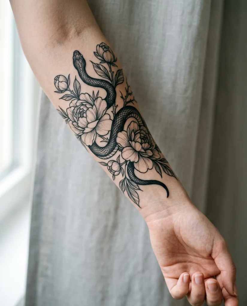 Schlange mit Blumen - Unterarm